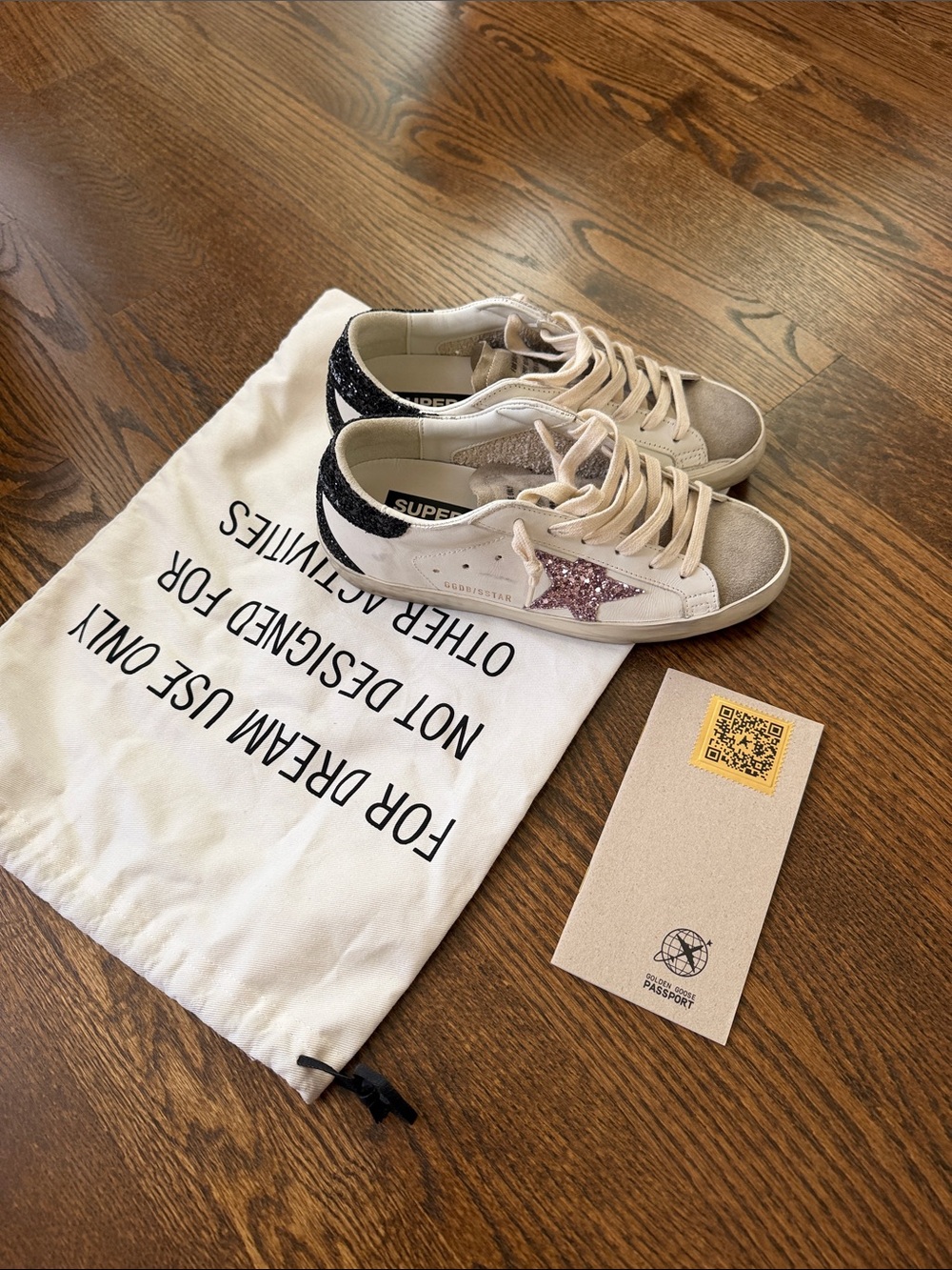 Golden Goose White Sneakers with Pink Glitter Star and Black Heel